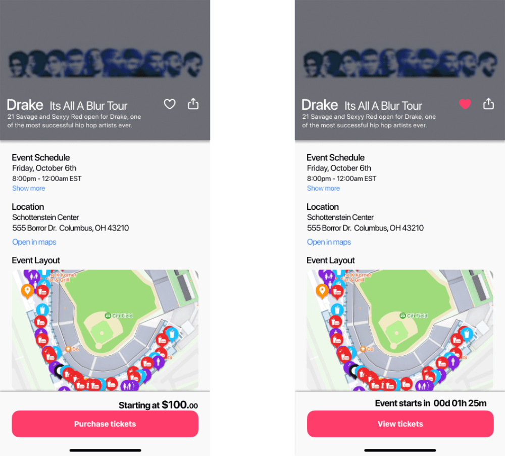 Pre and Post-purchase event screens